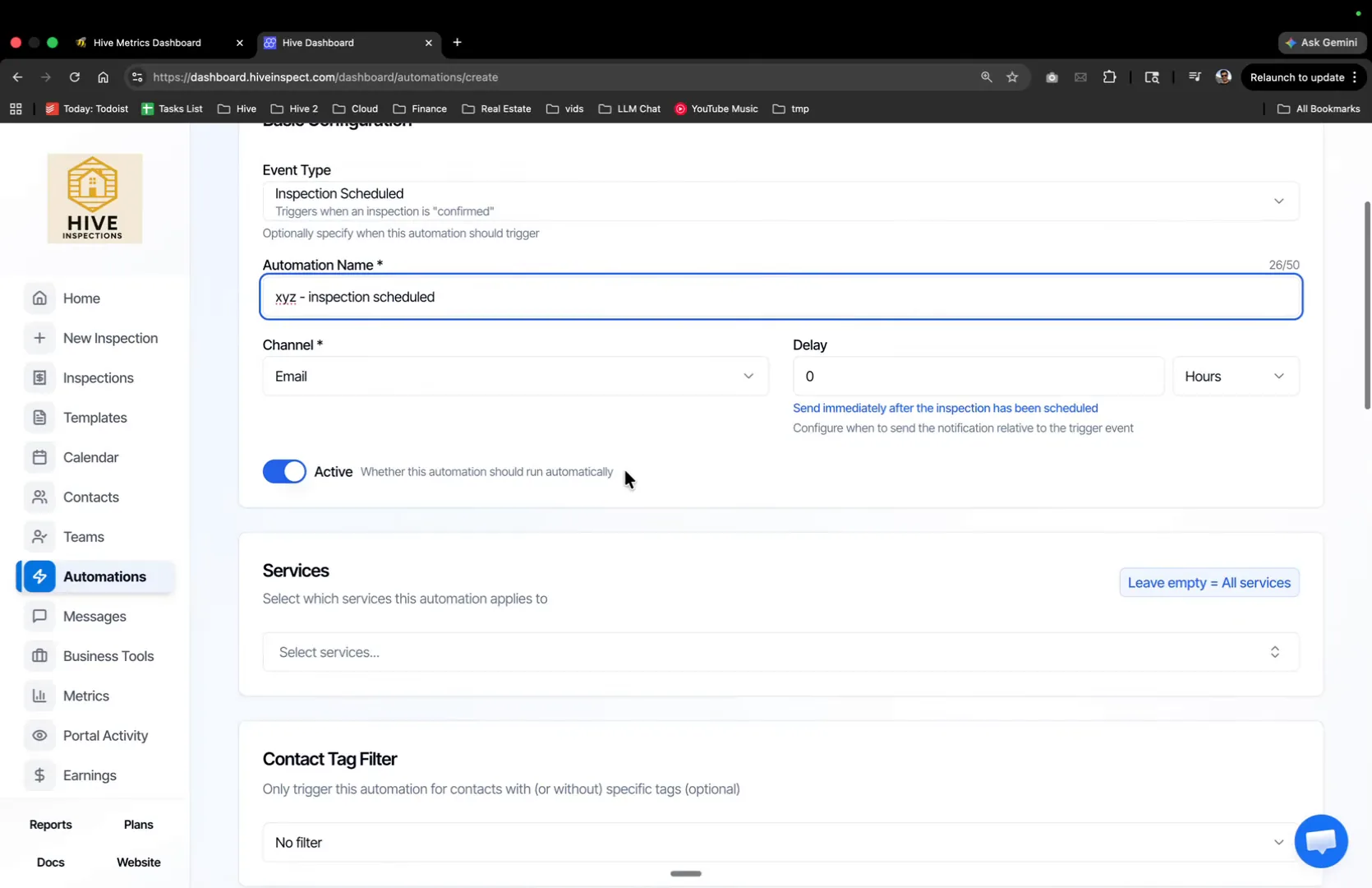 Create Automation form with the trigger, channel and delay set