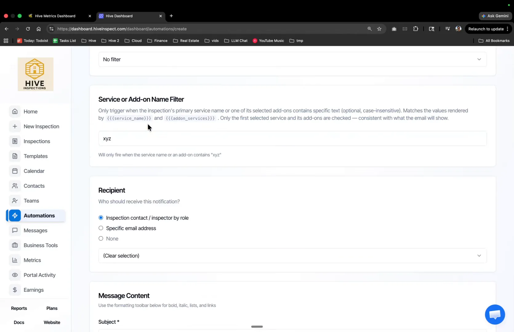 Service or Add-on Name Filter containing the text xyz