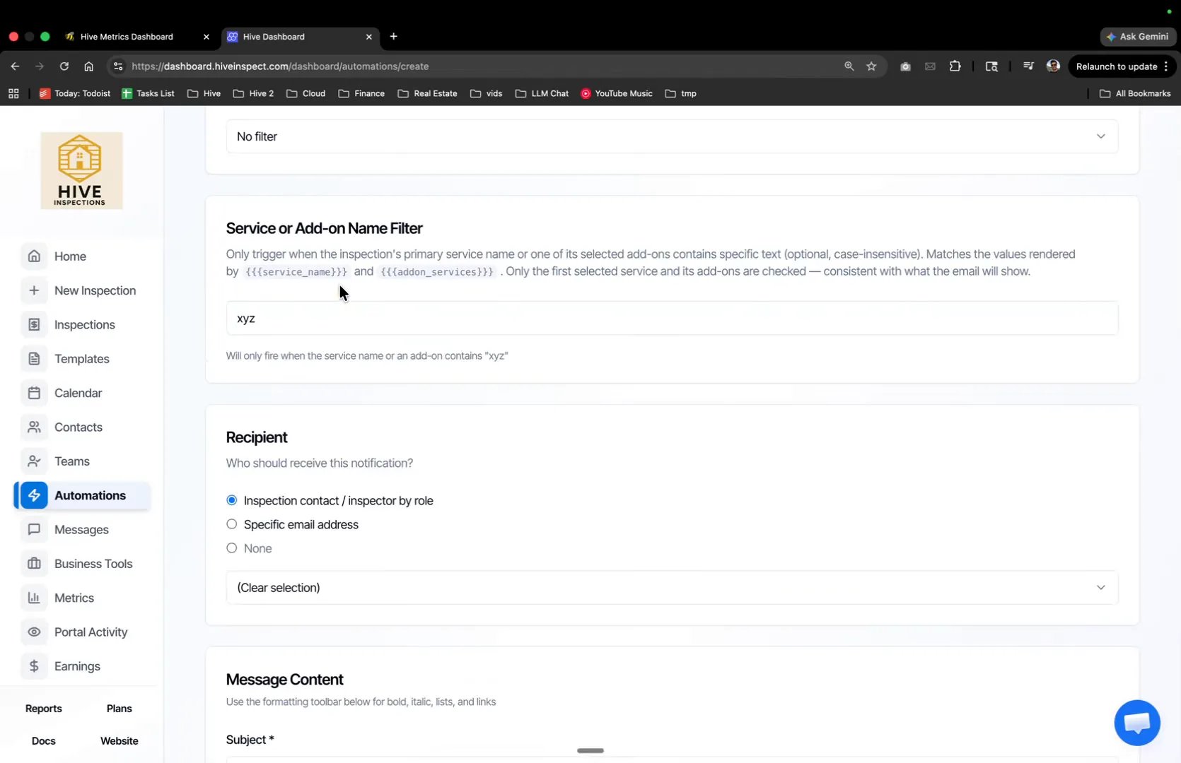 Service or Add-on Name Filter containing the text xyz
