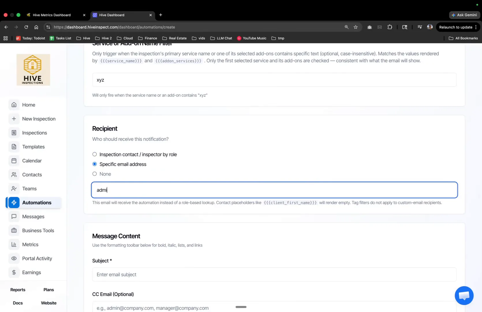 Recipient set to a specific email address
