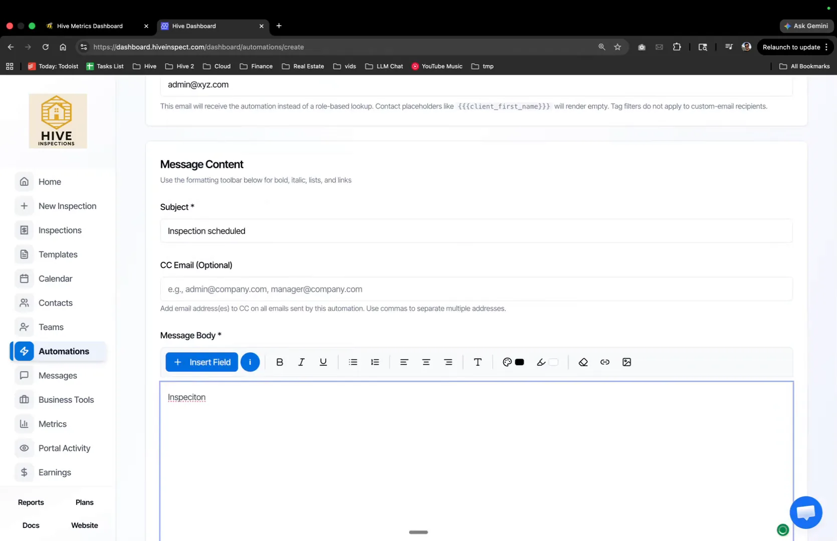 Message Content with a subject and body