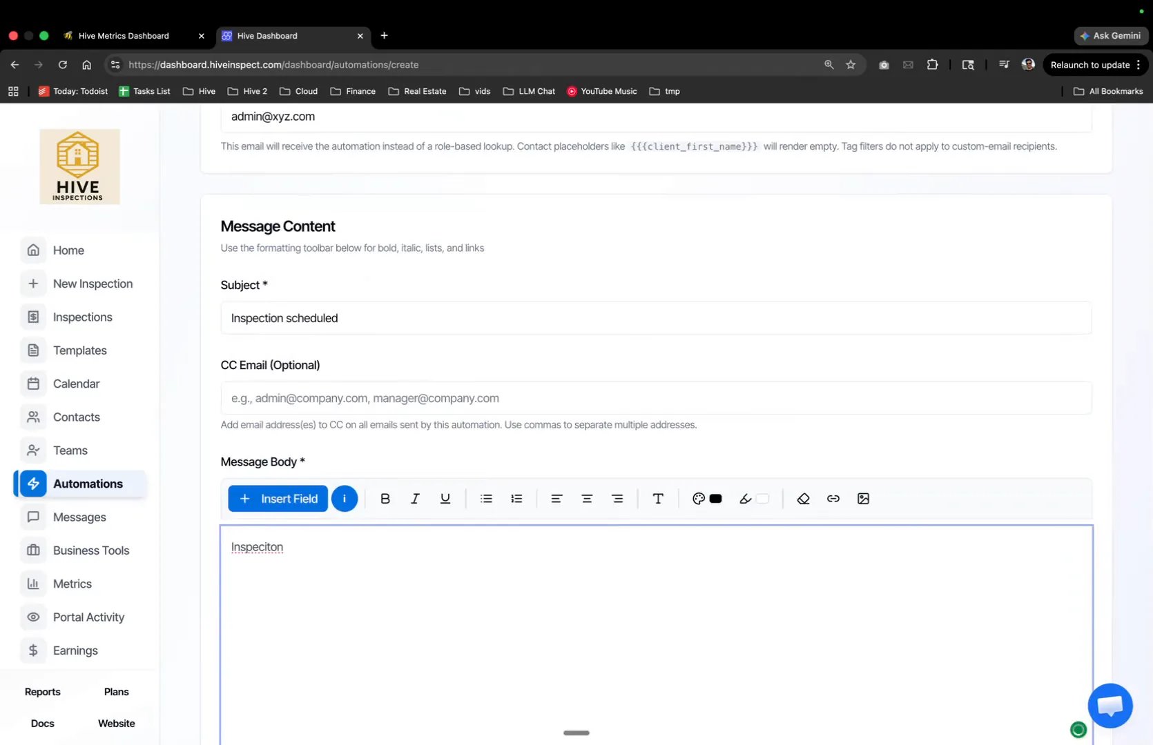Message Content with a subject and body
