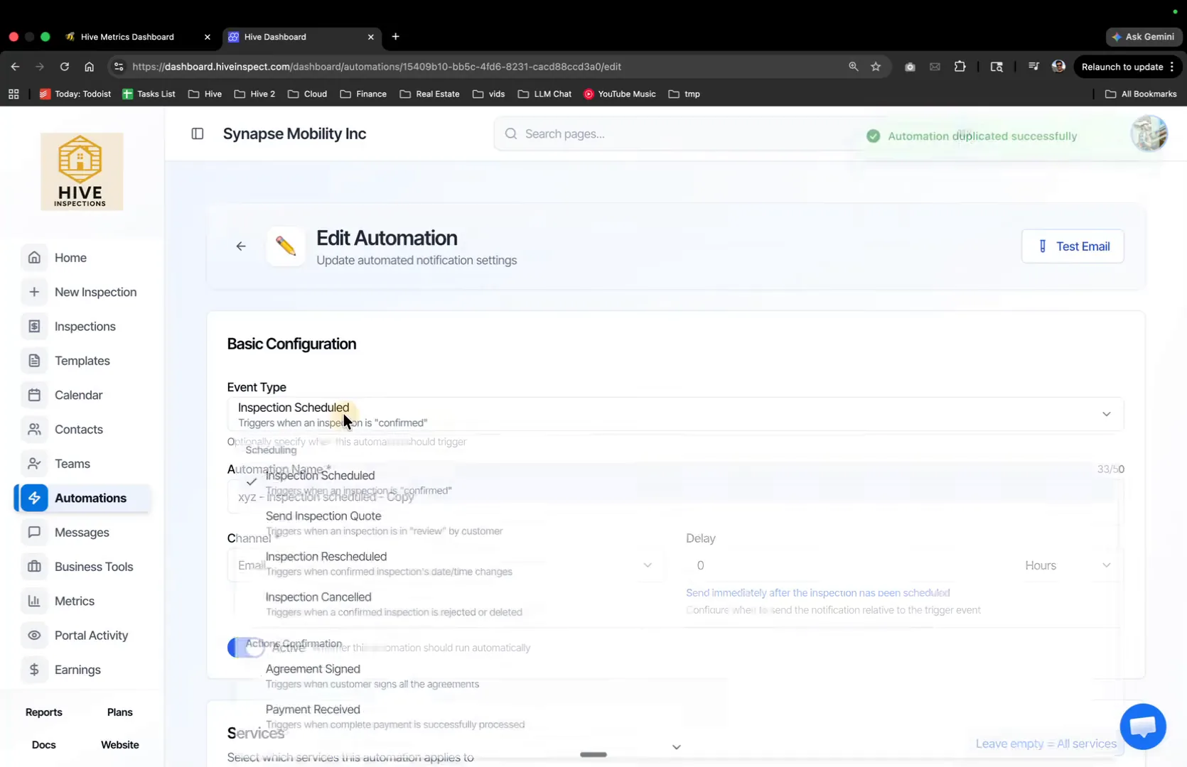 Duplicated automation with the Event Type dropdown open