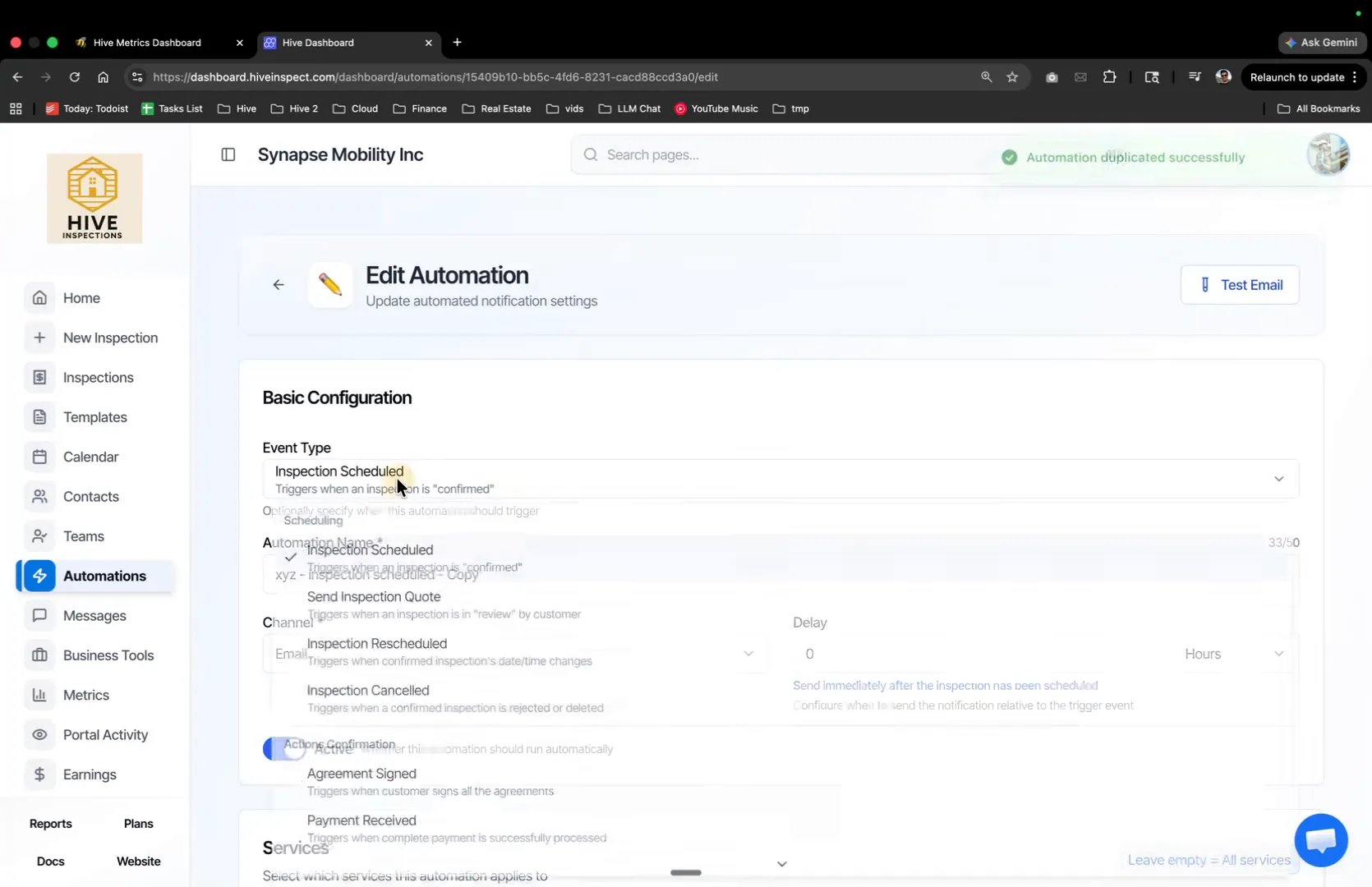 Duplicated automation with the Event Type dropdown open