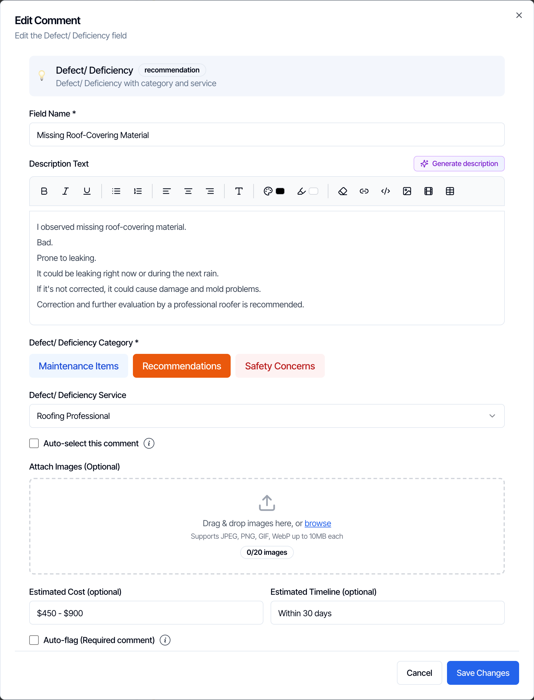 The Edit Comment dialog for a defect comment named Missing Roof-Covering Material in the template editor, with Estimated Cost (optional) set to a price range of 450 to 900 dollars and Estimated Timeline (optional) set to Within 30 days near the bottom
