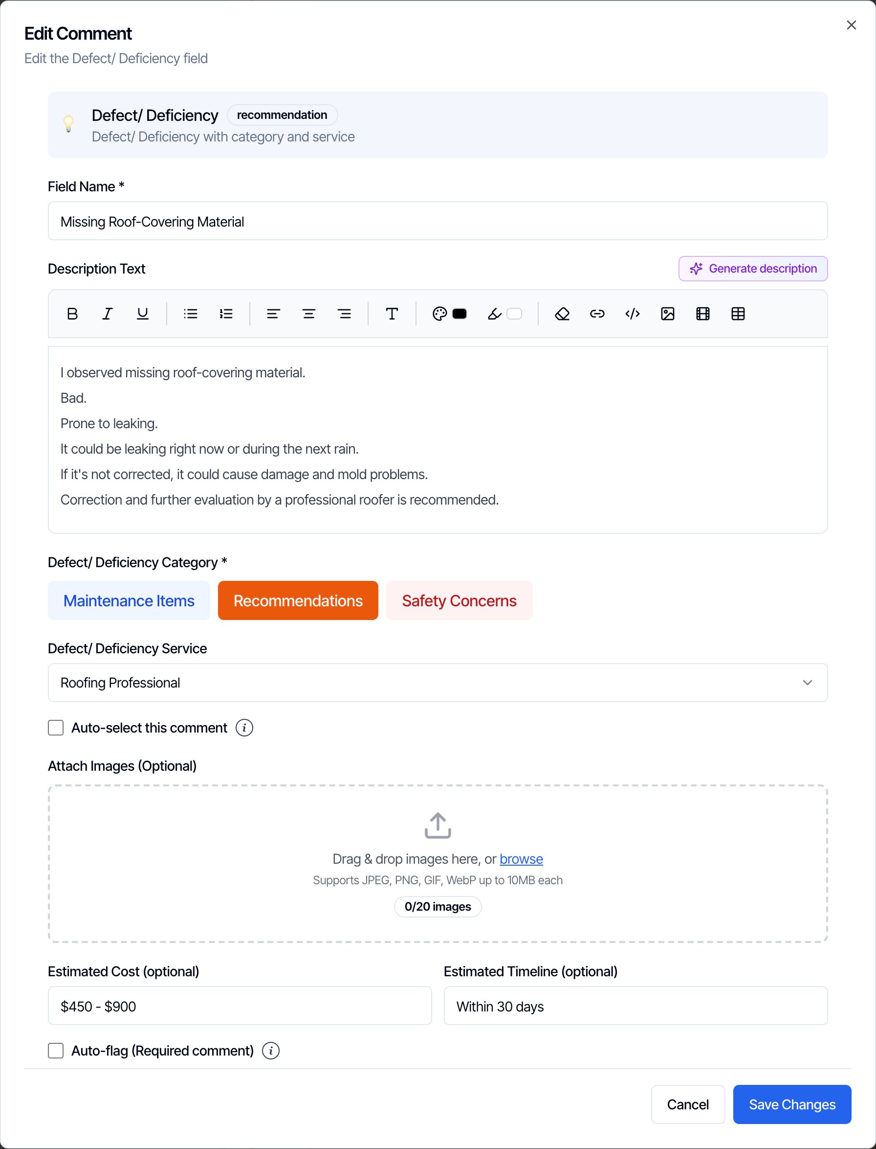 The Edit Comment dialog for a defect comment named Missing Roof-Covering Material in the template editor, with Estimated Cost (optional) set to a price range of 450 to 900 dollars and Estimated Timeline (optional) set to Within 30 days near the bottom