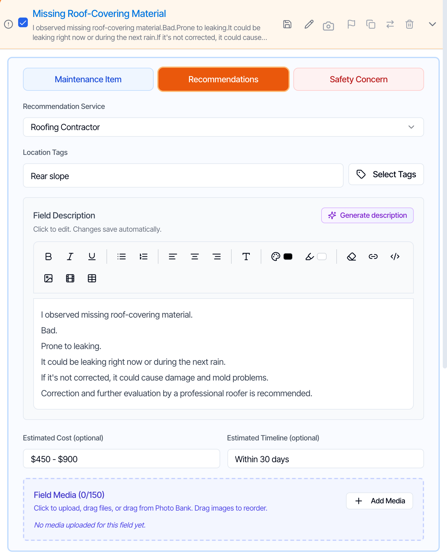 A defect comment expanded in the Web Editor, showing the category buttons, Recommendation Service, Location Tags, Field Description, and below them Estimated Cost (optional) holding a price range of 450 to 900 dollars and Estimated Timeline (optional) with Within 30 days
