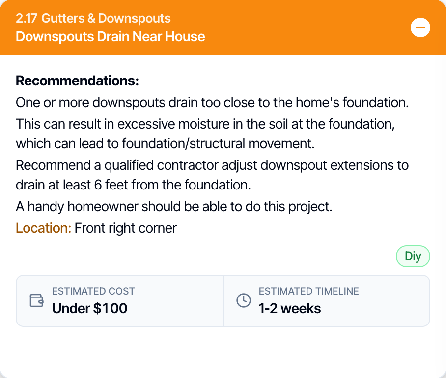 A defect in the digital report, Downspouts Drain Near House, with its description, location and recommended service, and at the bottom a strip showing Estimated Cost under 100 dollars and Estimated Timeline 1-2 weeks