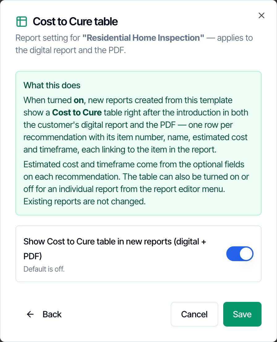 The Cost to Cure table settings for a template, with the Show Cost to Cure table in new reports (digital + PDF) switch turned on and a green Save button