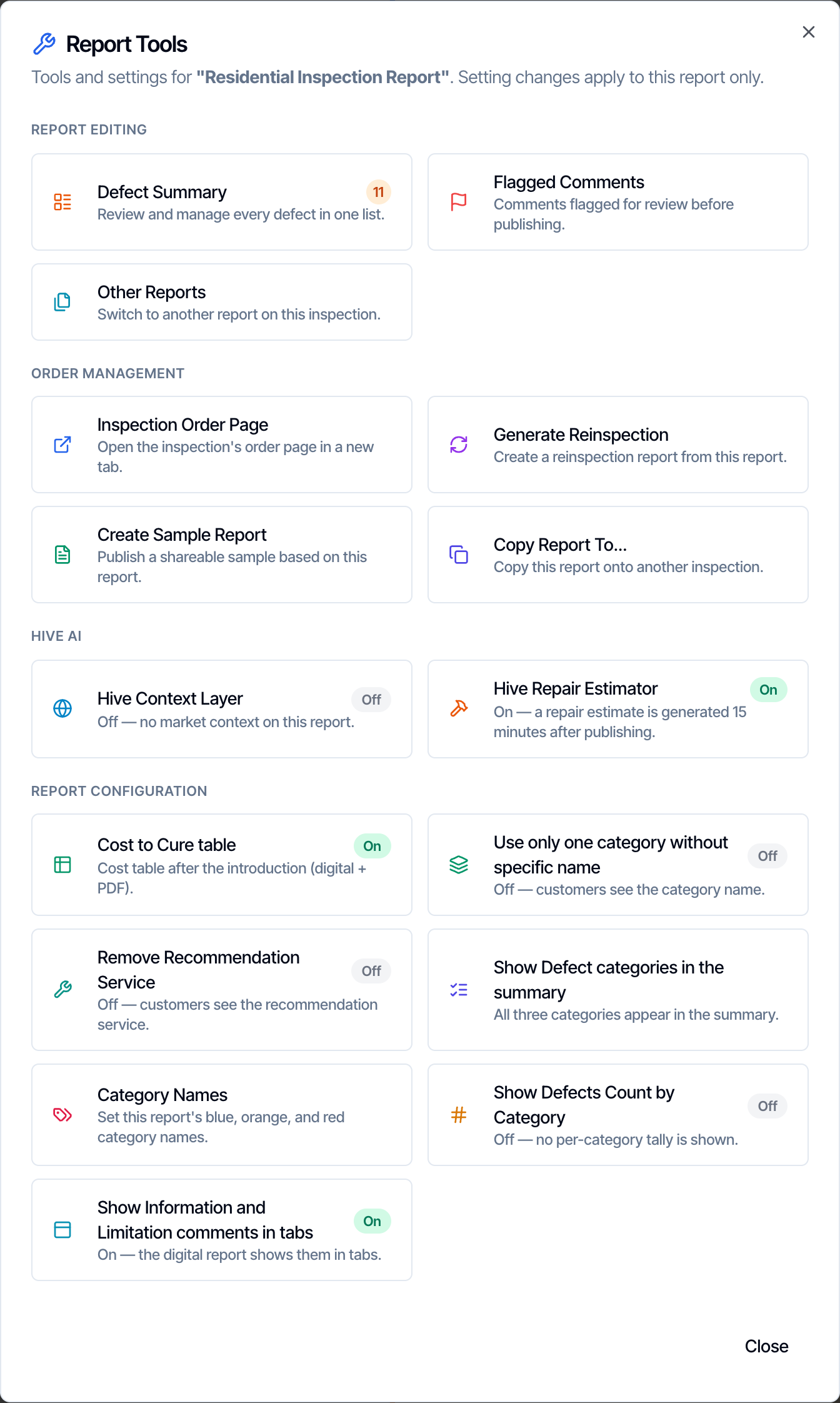 The Report Tools dialog with its Report Editing, Order Management, Hive AI and Report Configuration groups, and under Report Configuration the Cost to Cure table card with a green On badge