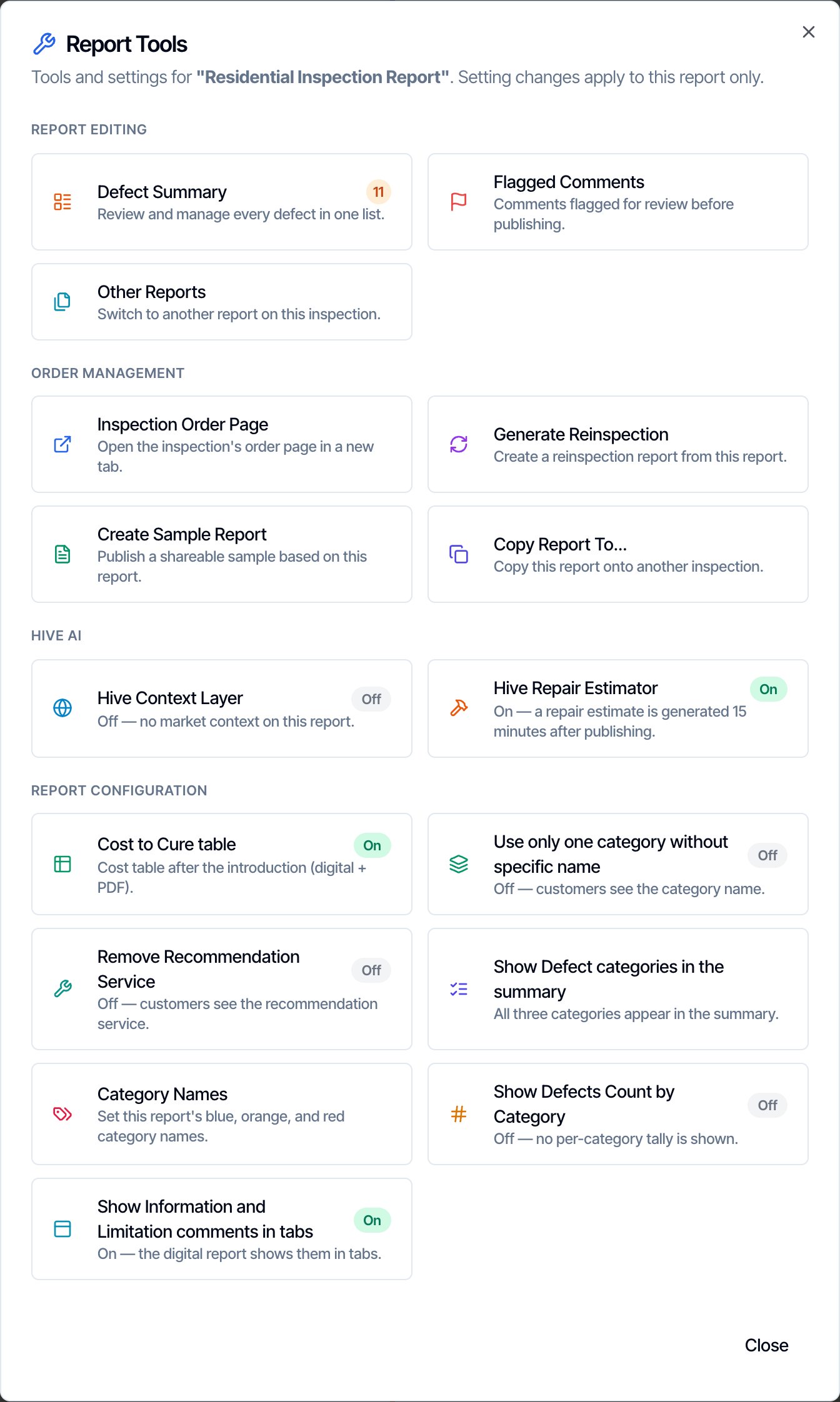 The Report Tools dialog with its Report Editing, Order Management, Hive AI and Report Configuration groups, and under Report Configuration the Cost to Cure table card with a green On badge