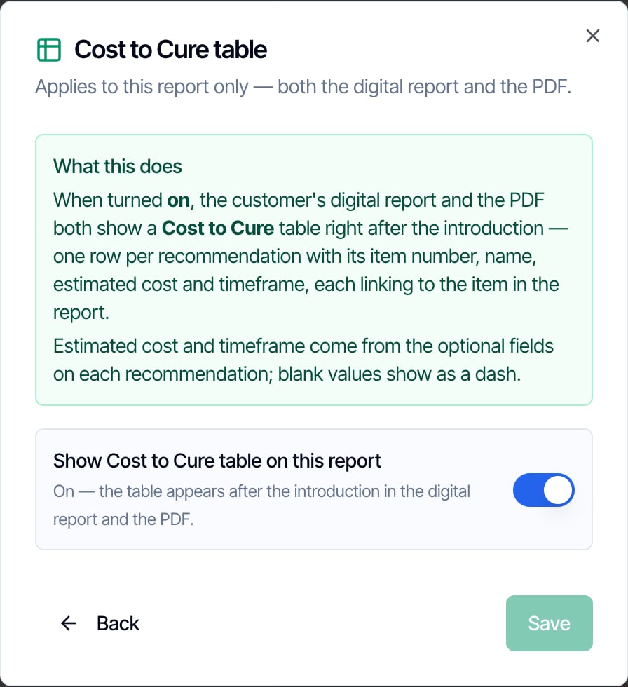 The Cost to Cure table settings for one report, with the Show Cost to Cure table on this report switch turned on and the text On, the table appears after the introduction in the digital report and the PDF