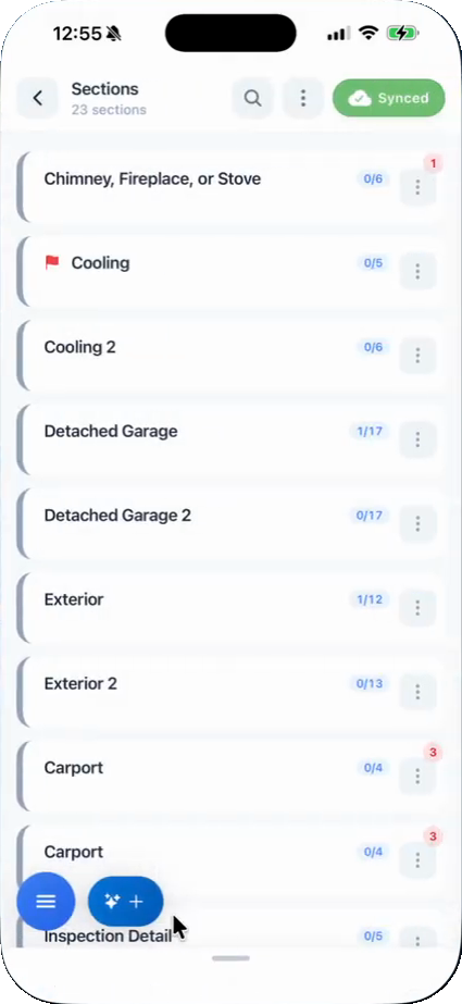 The sections list in the Hive Inspect mobile report editor, with the Smart Add button next to the blue microphone button at the bottom