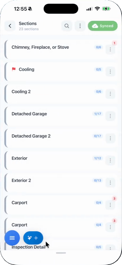 The sections list in the Hive Inspect mobile report editor, with the Smart Add button next to the blue microphone button at the bottom