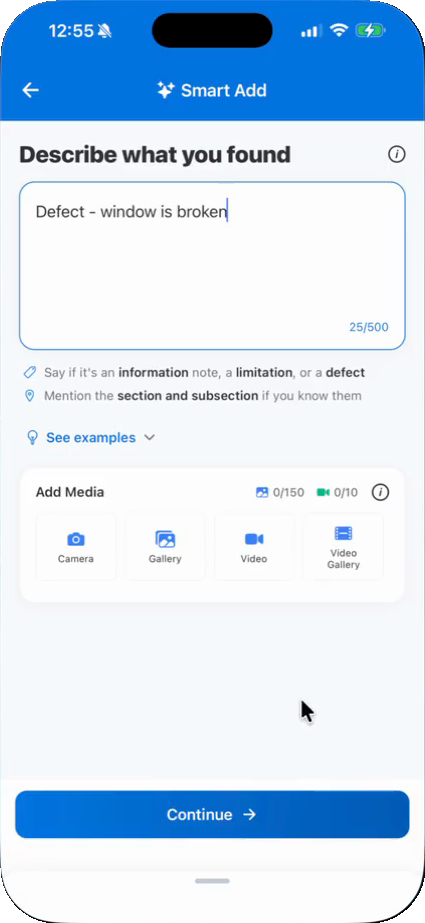 The Smart Add screen in Hive Inspect with the observation 'Defect - window is broken' typed in