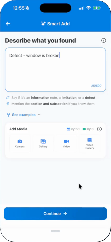 The Smart Add screen in Hive Inspect with the observation 'Defect - window is broken' typed in