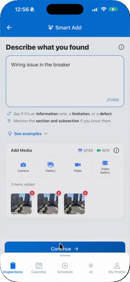 Three photos added under Add Media on the Smart Add screen in Hive Inspect, before tapping Continue