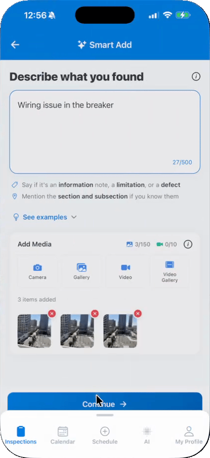 Three photos added under Add Media on the Smart Add screen in Hive Inspect, before tapping Continue