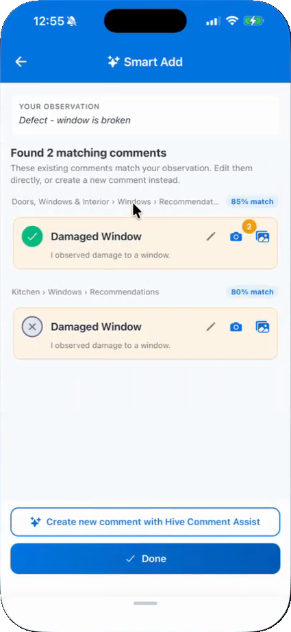 Smart Add in Hive Inspect showing two matching comments called Damaged Window, with 85% and 80% match scores