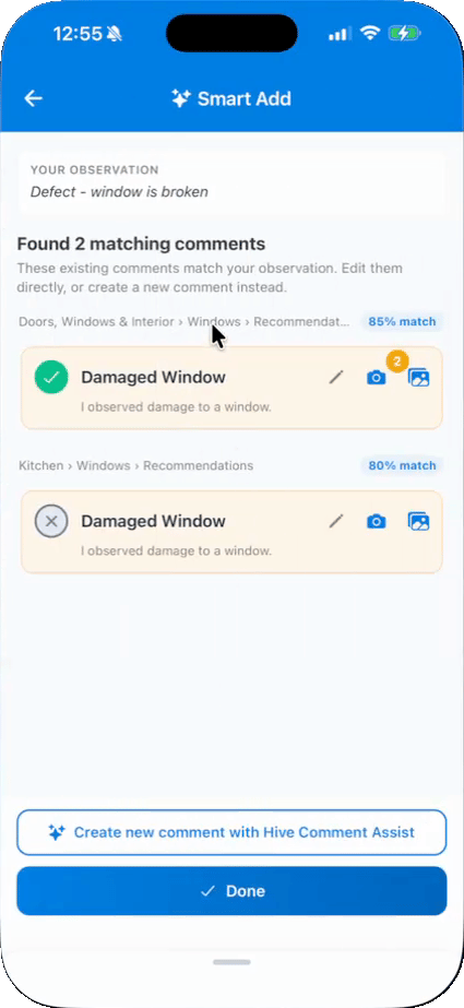 Smart Add in Hive Inspect showing two matching comments called Damaged Window, with 85% and 80% match scores