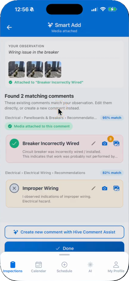 Smart Add in Hive Inspect with three photos attached to the 95% match, Breaker Incorrectly Wired