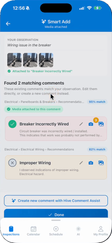 Smart Add in Hive Inspect with three photos attached to the 95% match, Breaker Incorrectly Wired