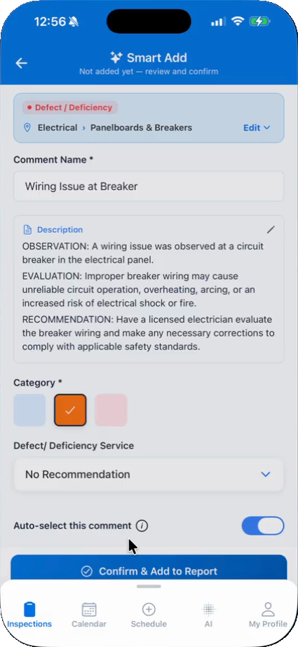 The new comment preview in Hive Inspect Smart Add: placement bar, comment name, description, category and the Confirm & Add to Report button