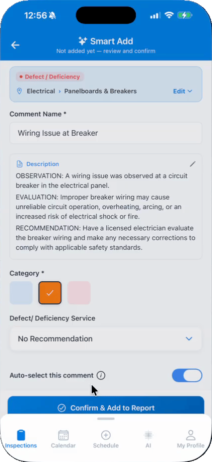 The new comment preview in Hive Inspect Smart Add: placement bar, comment name, description, category and the Confirm & Add to Report button