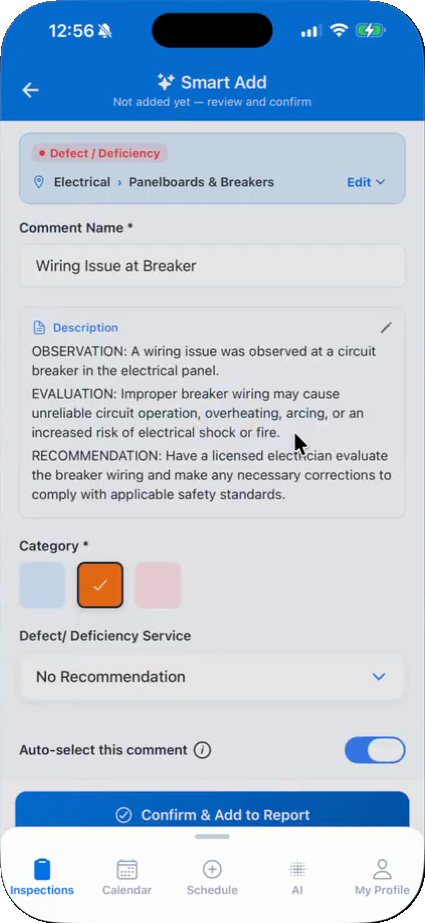 The bottom of the Smart Add preview in Hive Inspect, with Save to Template and the Confirm & Add to Report button
