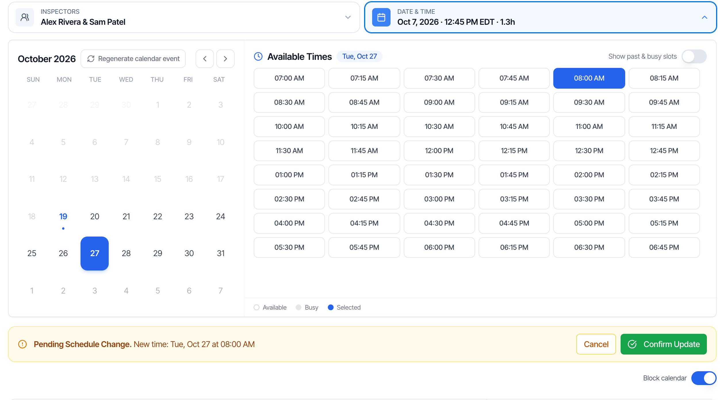 08:00 AM is selected on Tue, Oct 27. A yellow bar: Pending Schedule Change. New time: Tue, Oct 27 at 08:00 AM, with Cancel and a green Confirm Update button. A Block calendar switch below, turned on