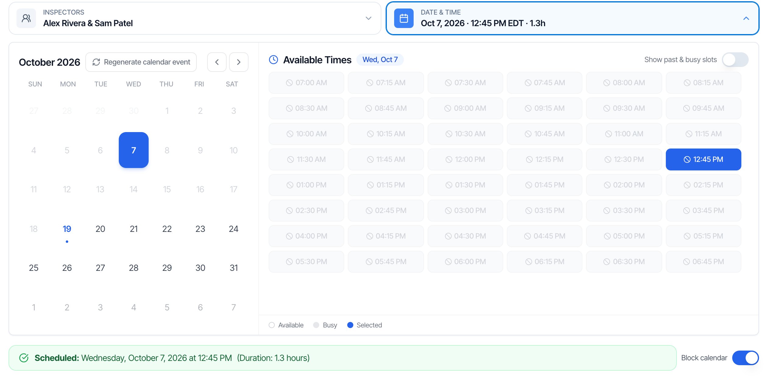 The opened Date and time section. Left: the October 2026 calendar with Oct 7 selected and today, Oct 19, in blue, plus a Regenerate calendar event button and month arrows. Right: Available Times for Wed, Oct 7, a grid of greyed-out times from 07:00 AM to 06:45 PM with 12:45 PM selected, a Show past and busy slots switch, and the legend Available, Busy, Selected. Below: a green bar, Scheduled: Wednesday, October 7, 2026 at 12:45 PM (Duration: 1.3 hours), and a Block calendar switch turned on