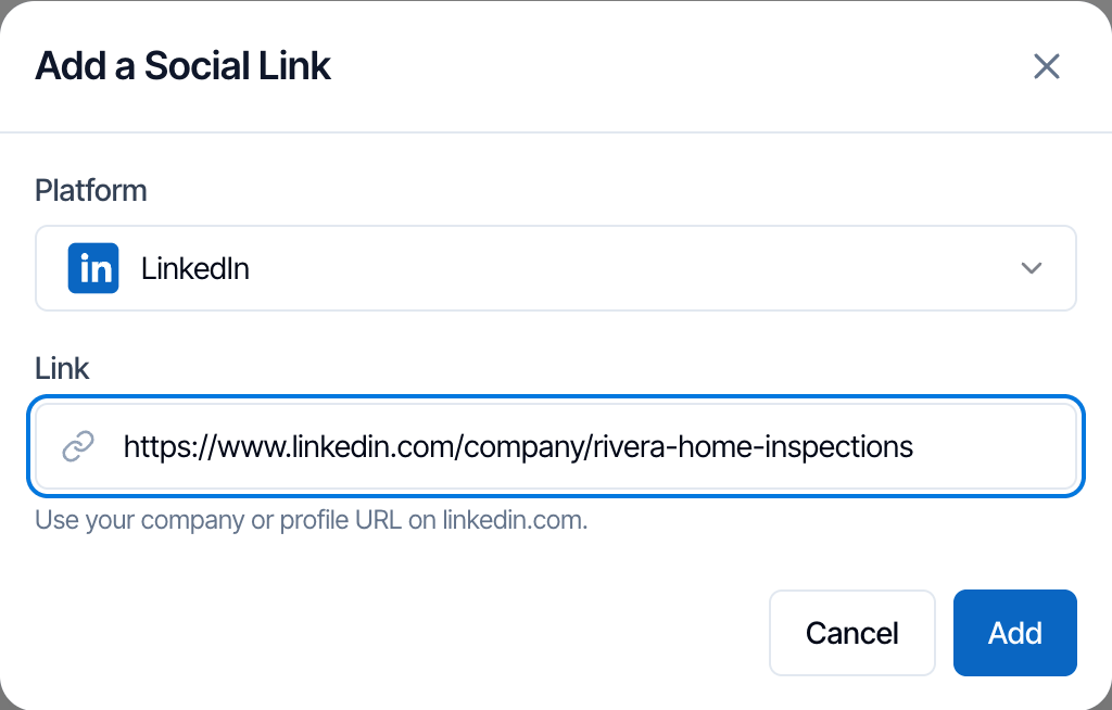 The Add a Social Link window with LinkedIn chosen as the platform, a Link box holding a linkedin.com company address, the hint Use your company or profile URL on linkedin.com, and Cancel and Add buttons