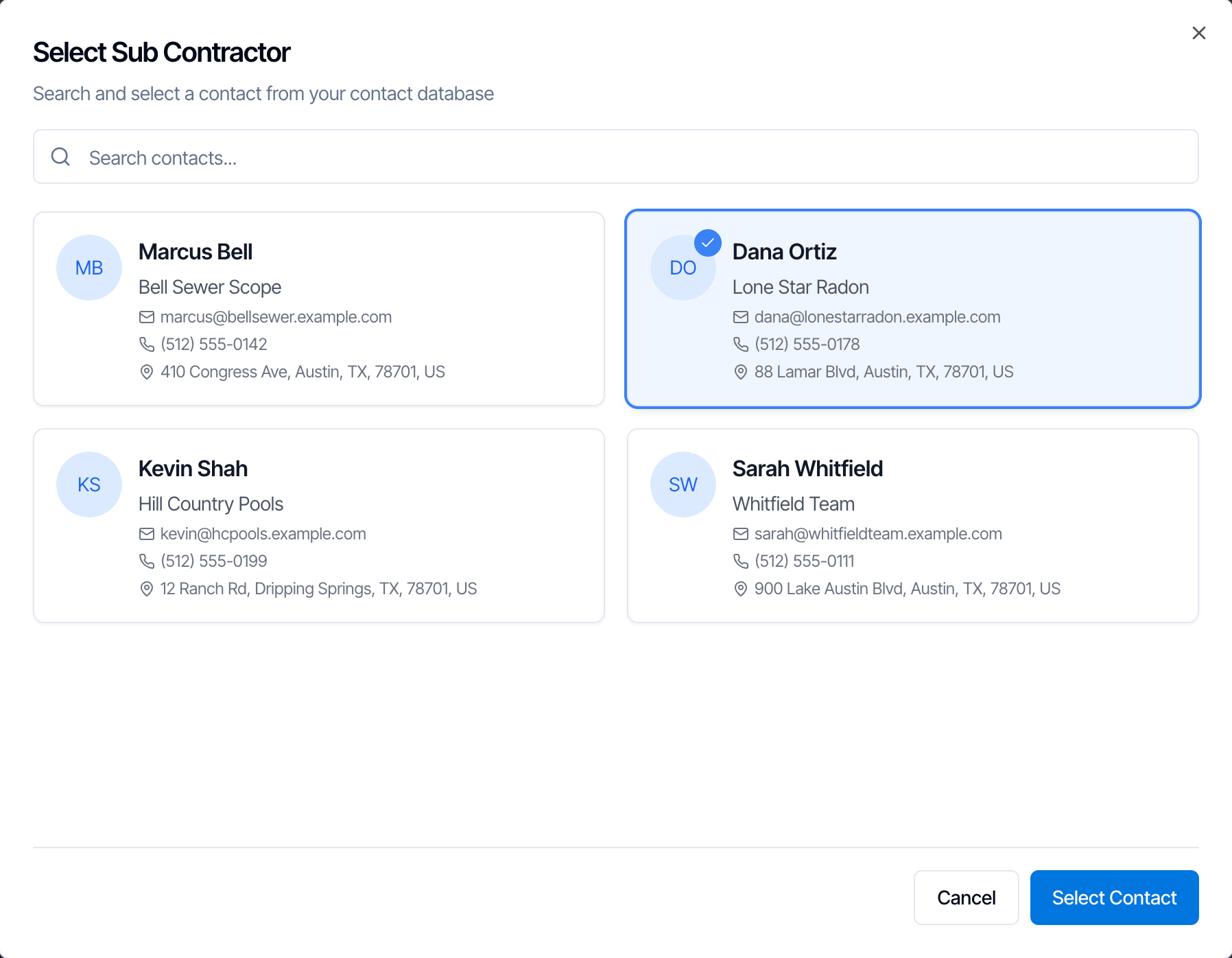 The Select Sub Contractor window with a Search contacts box and four contact cards showing name, business, email, phone and address; Dana Ortiz of Lone Star Radon is selected; Cancel and Select Contact buttons