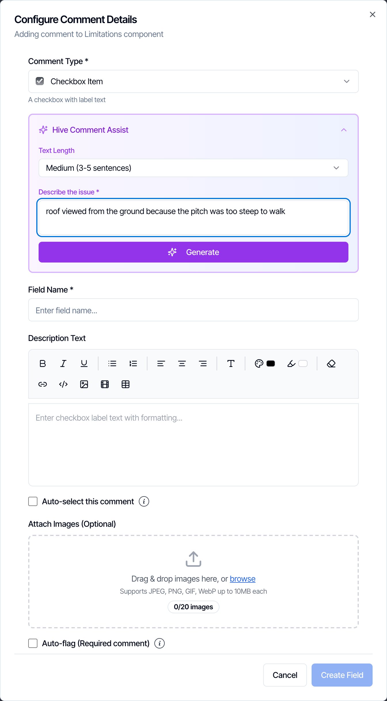 The Configure Comment Details dialog for a Limitations comment with the Hive Comment Assist panel open: Text Length set to Medium (3-5 sentences), Describe the issue filled in with roof viewed from the ground because the pitch was too steep to walk, and a purple Generate button