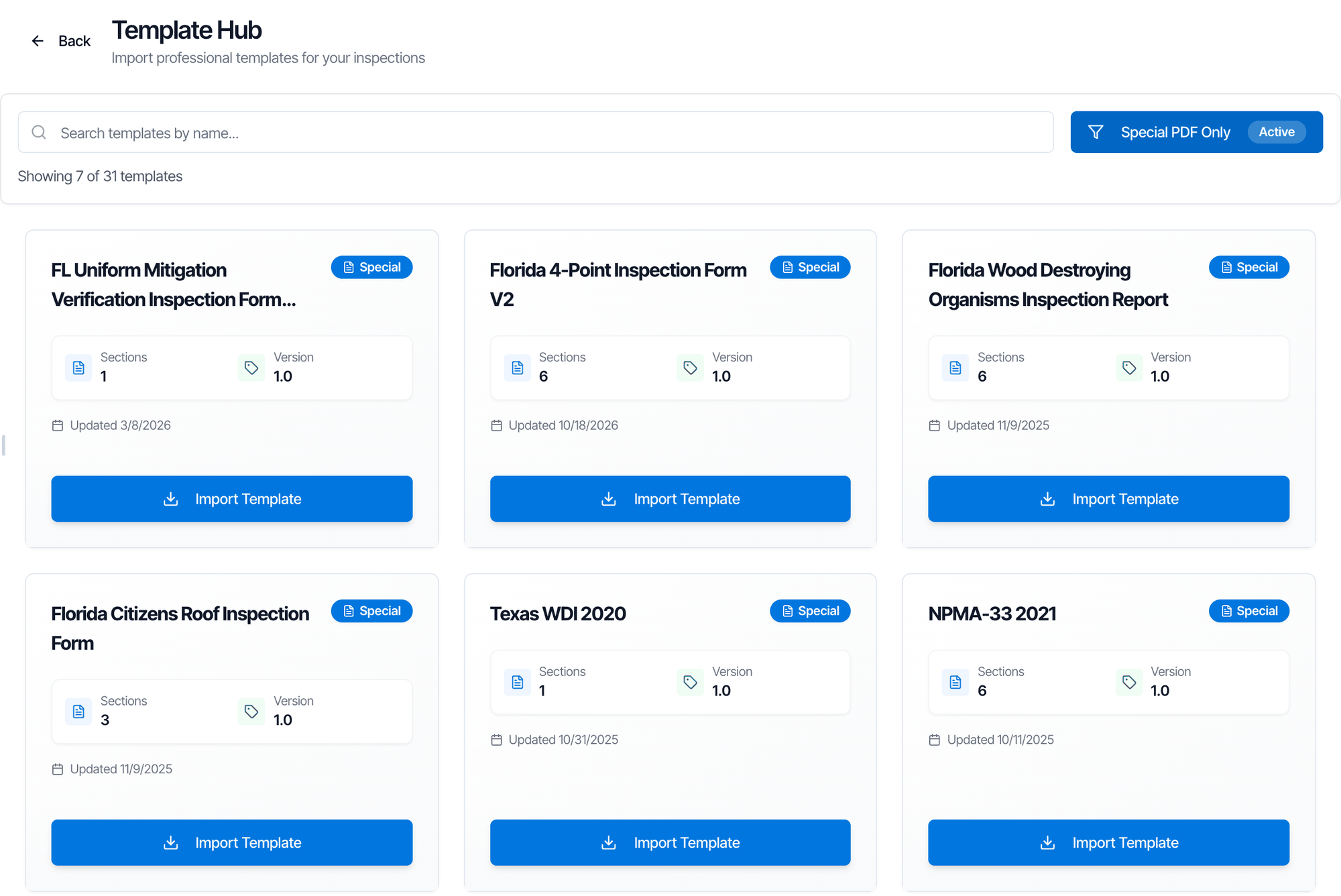The Template Hub with Special PDF Only active, showing 7 of 31 templates, each with a Special tag: FL Uniform Mitigation Verification Inspection Form (2026), Florida 4-Point Inspection Form V2, Florida Wood Destroying Organisms Inspection Report, Florida Citizens Roof Inspection Form, Texas WDI 2020, NPMA-33 2021 and TREC REI 7-6