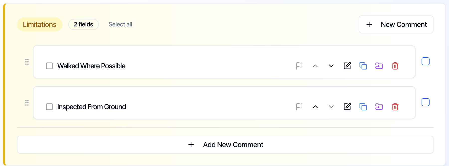 The yellow Limitations group of Predominant Roof with 2 fields: Walked Where Possible and Inspected From Ground, both checkbox comments, and an Add New Comment button