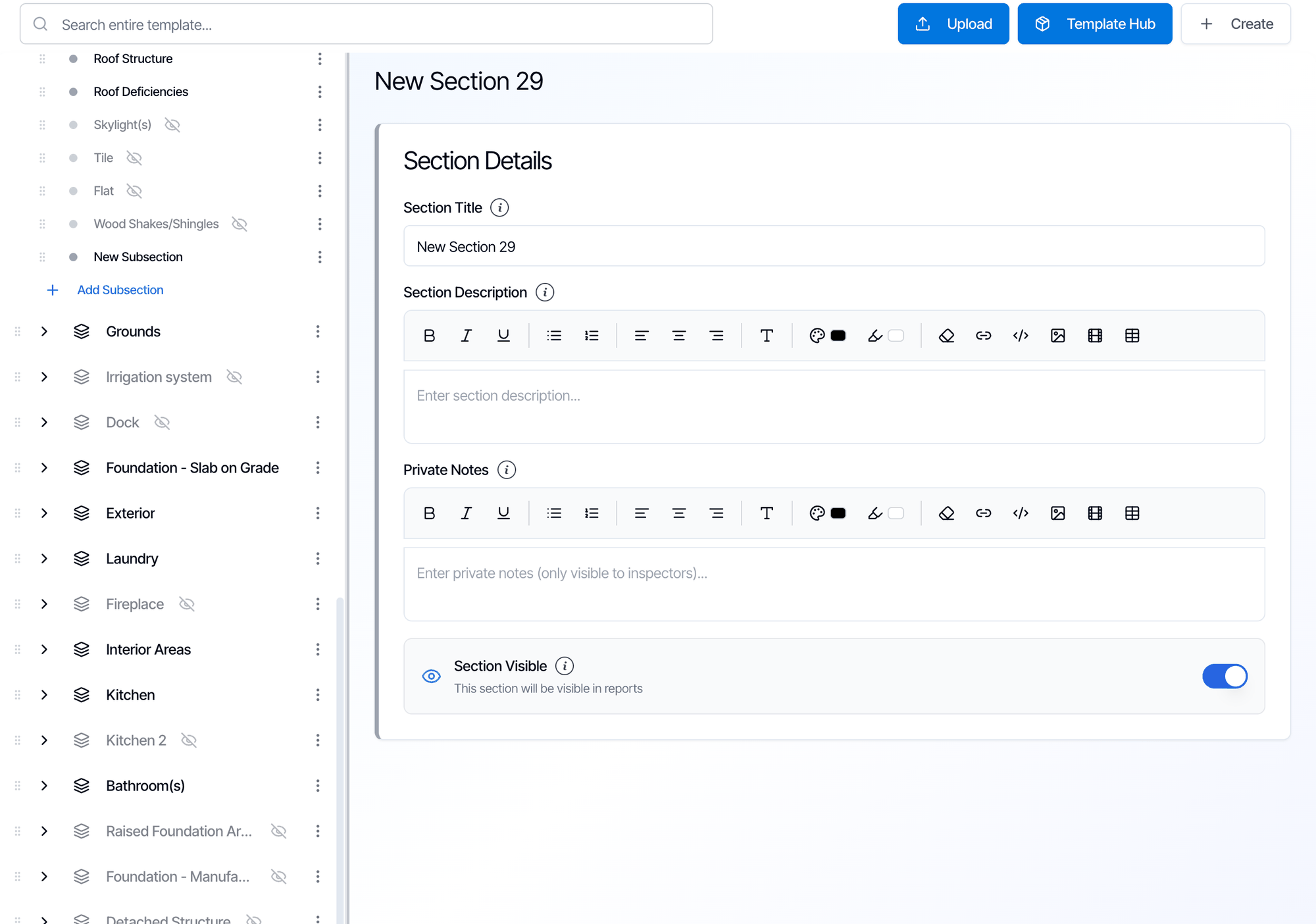 The template editor after Add Section: New Section 29 is selected at the bottom of the section list, above Add Section. On the right, its Section Details with Section Title New Section 29, empty Section Description and Private Notes, and Section Visible switched on. The bar at the bottom says You have unsaved changes, with Save Changes