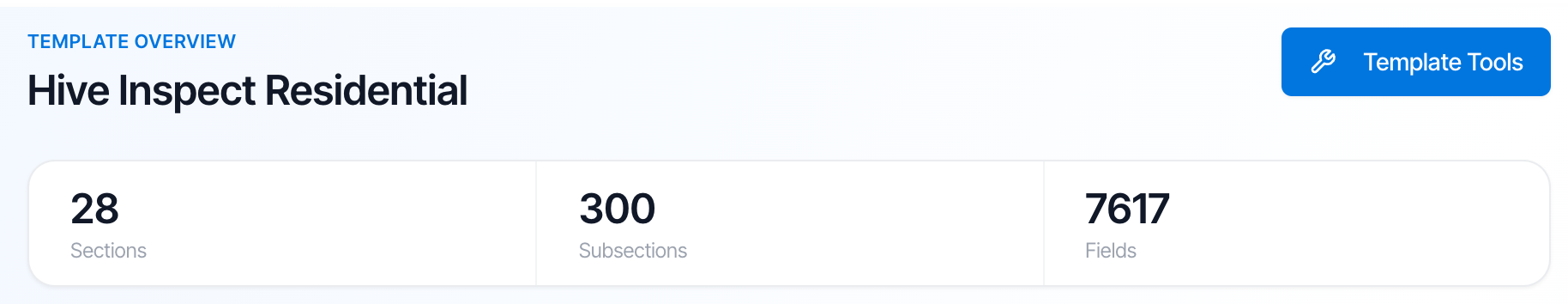 The top of the Template Overview for Hive Inspect Residential with a Template Tools button and three counts: 28 Sections, 300 Subsections and 7617 Fields