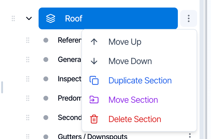 The menu of the Roof section: Move Up, Move Down, Duplicate Section, Move Section and Delete Section