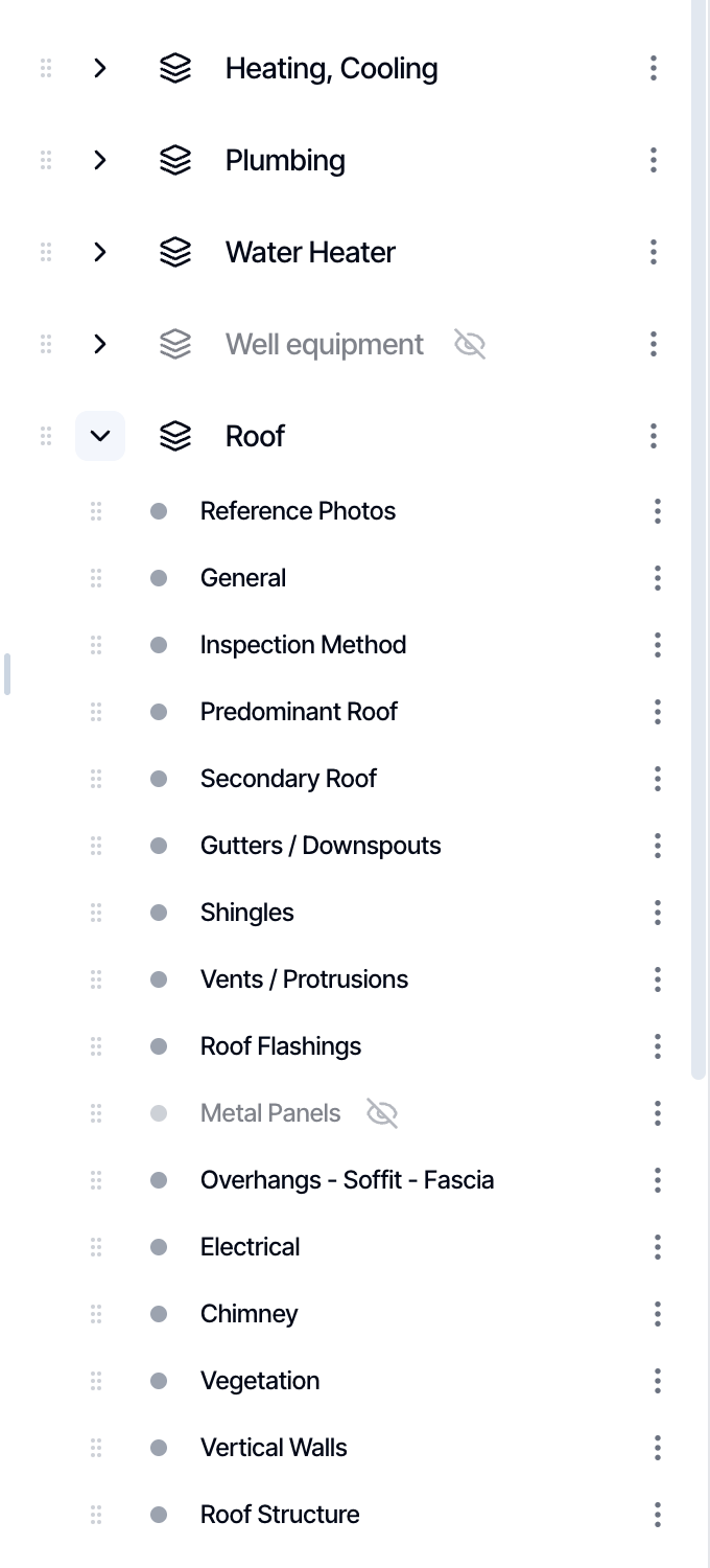 The section list with Roof expanded. The Well equipment section and the Metal Panels subsection are greyed out with a crossed-out eye icon because they are hidden