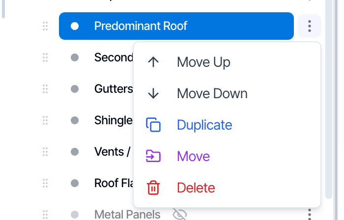 The menu of the Predominant Roof subsection: Move Up, Move Down, Duplicate, Move and Delete
