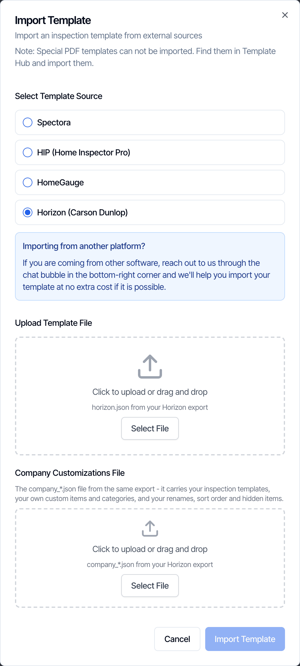 The Import Template dialog with Horizon (Carson Dunlop) selected. Upload Template File asks for horizon.json from your Horizon export. A second box, Company Customizations File, asks for the company_*.json file from the same export, which carries your inspection templates, your own custom items and categories, and your renames, sort order and hidden items