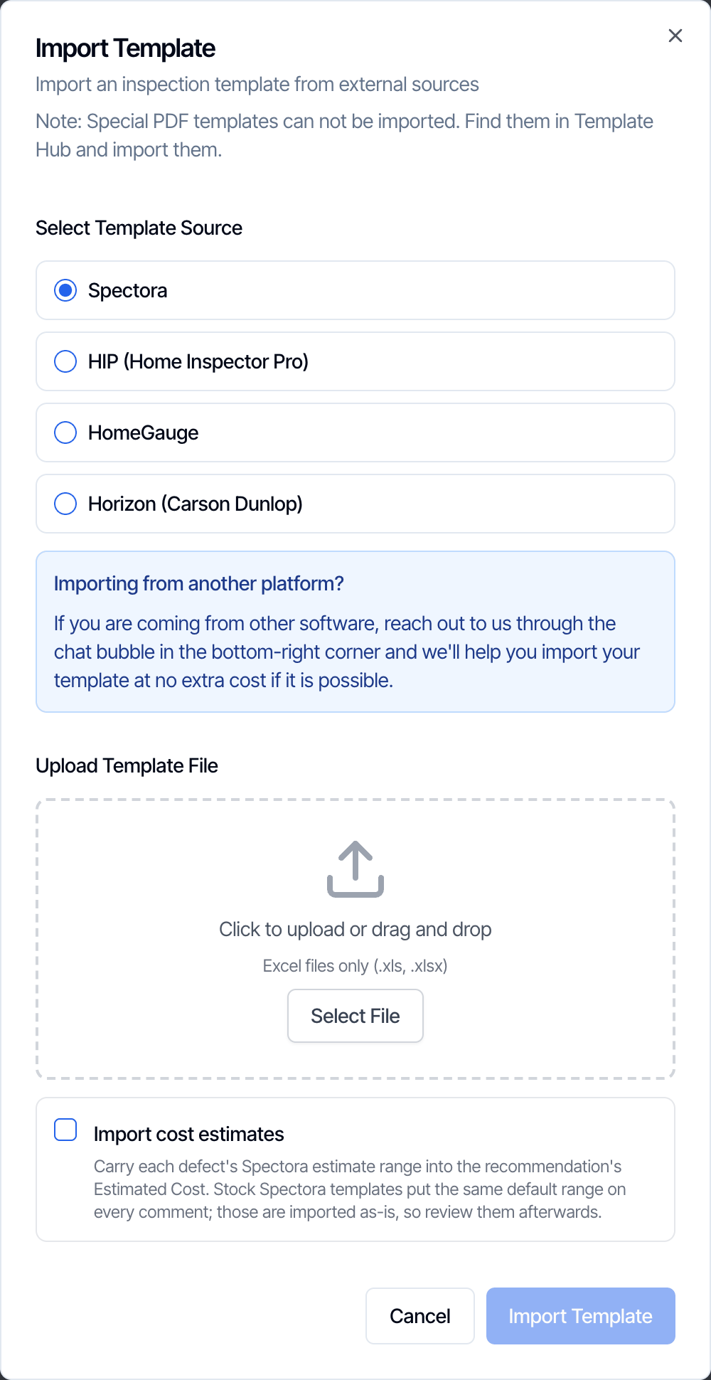 The Import Template dialog with Spectora selected. Upload Template File says Excel files only (.xls, .xlsx) with a Select File button. Below it, an unticked Import cost estimates checkbox: carry each defect's Spectora estimate range into the recommendation's Estimated Cost; stock Spectora templates put the same default range on every comment, those are imported as-is, so review them afterwards