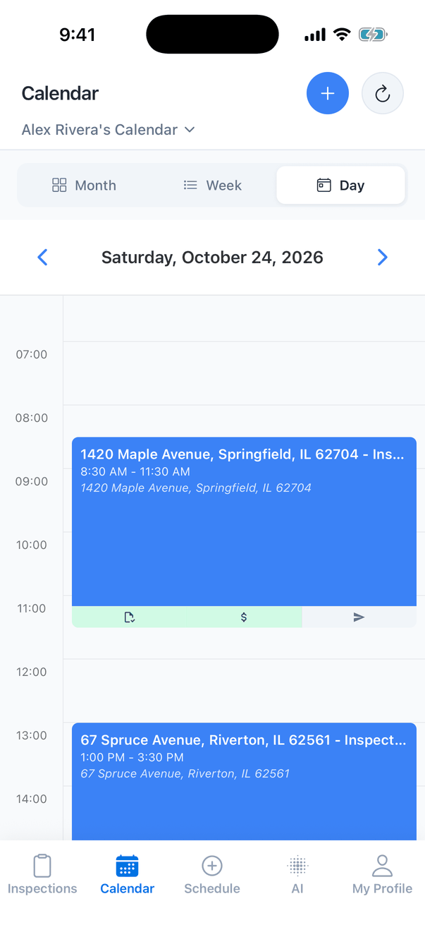 Day view, Saturday, October 24, 2026: a timeline from 7:00 to 14:00 with two blue inspection blocks, 1420 Maple Avenue from 8:30 AM to 11:30 AM and 67 Spruce Avenue from 1:00 PM to 3:30 PM