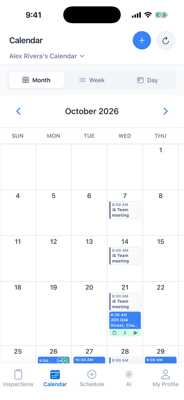 The Calendar tab in Month view, October 2026, Alex Rivera's Calendar: a weekly Team meeting at 8:00 AM on Wednesdays, an 8:30 AM inspection at 305 Oak Street on Wednesday the 21st, and blue inspection cards later in the month. Buttons at the top: a blue plus and a refresh button; Month, Week and Day tabs