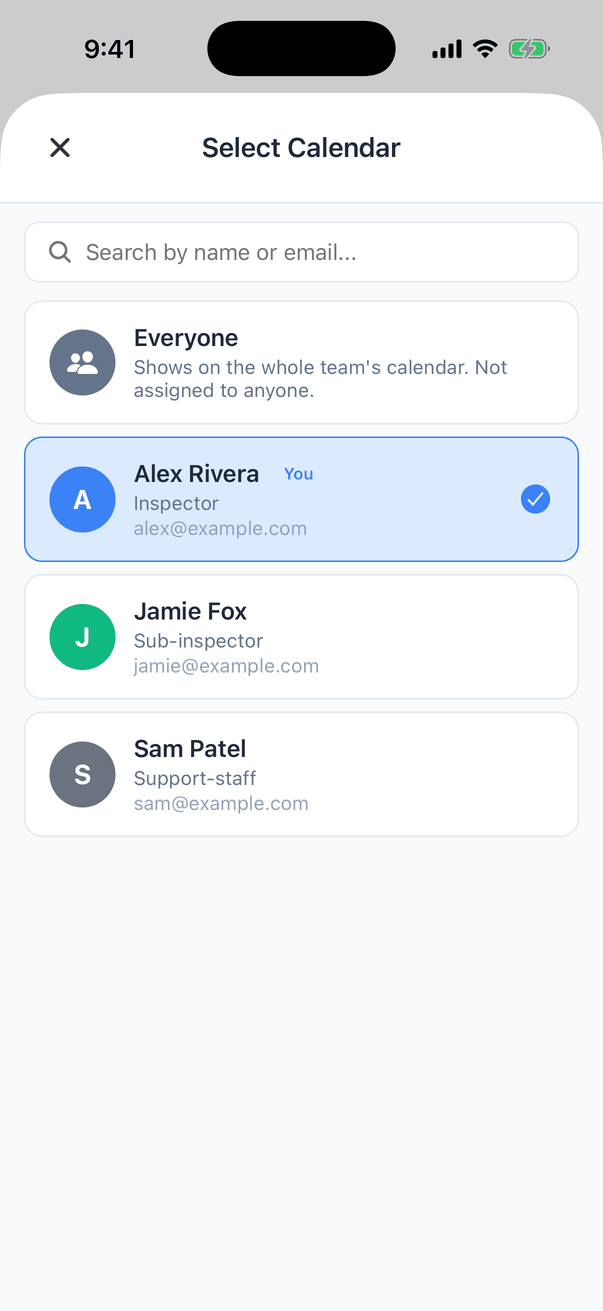 The Select Calendar list: Everyone (Shows on the whole team's calendar. Not assigned to anyone), Alex Rivera (You, Inspector, ticked), Jamie Fox (Sub-inspector) and Sam Patel (Support-staff)