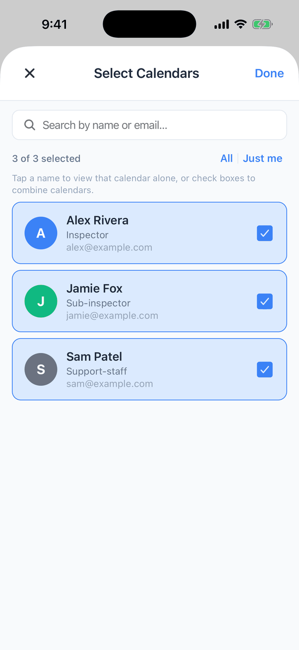 The Select Calendars window: a search box, 3 of 3 selected with All and Just me links, the hint Tap a name to view that calendar alone, or check boxes to combine calendars, and three ticked rows: Alex Rivera (Inspector), Jamie Fox (Sub-inspector) and Sam Patel (Support-staff), each with an email