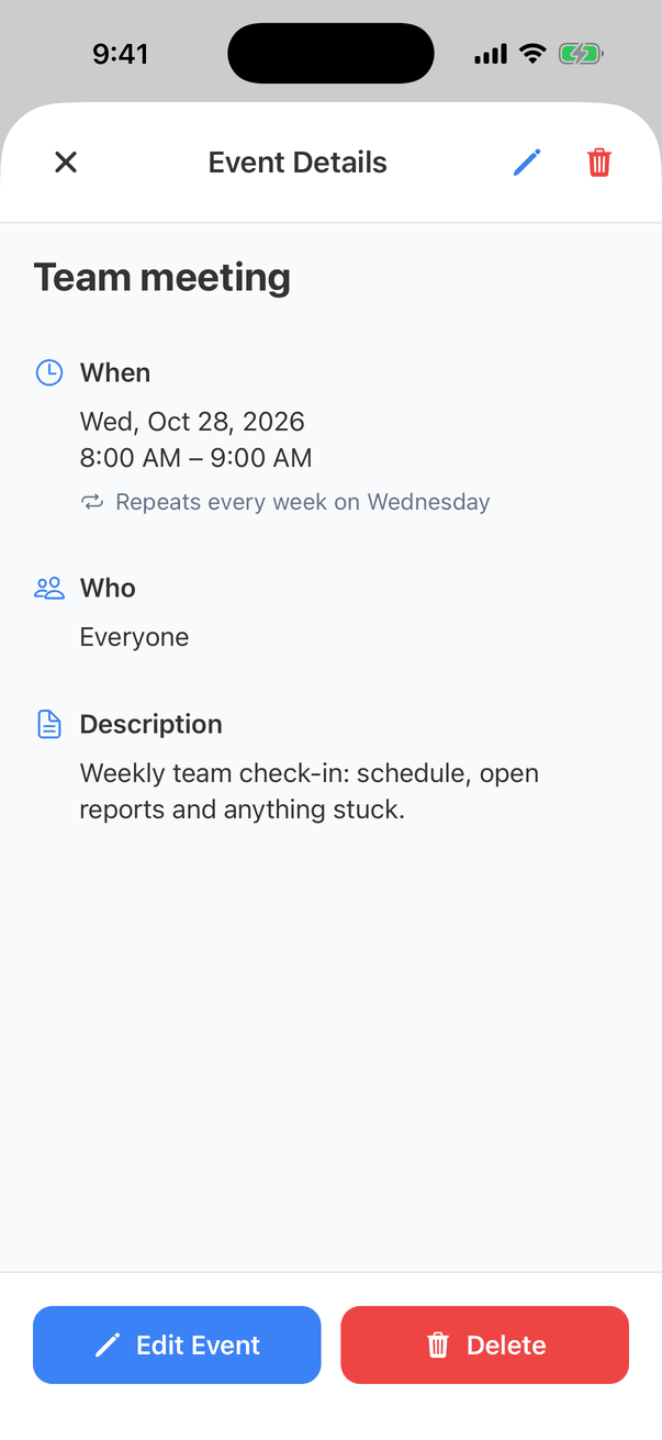 Event Details for Team meeting: Wed, Oct 28, 2026, 8:00 AM – 9:00 AM, Repeats every week on Wednesday, Who Everyone, Description Weekly team check-in: schedule, open reports and anything stuck, with Edit Event and Delete