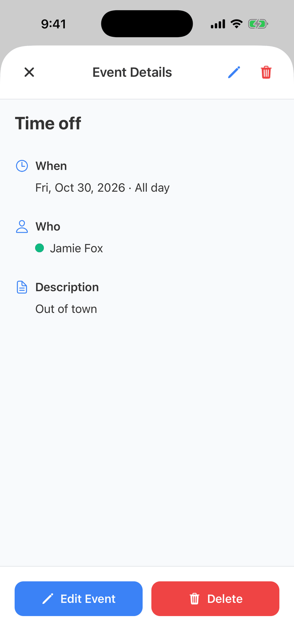 Event Details for Time off: When Fri, Oct 30, 2026 · All day, Who Jamie Fox, Description Out of town, with Edit Event and Delete buttons, and pencil and trash buttons at the top
