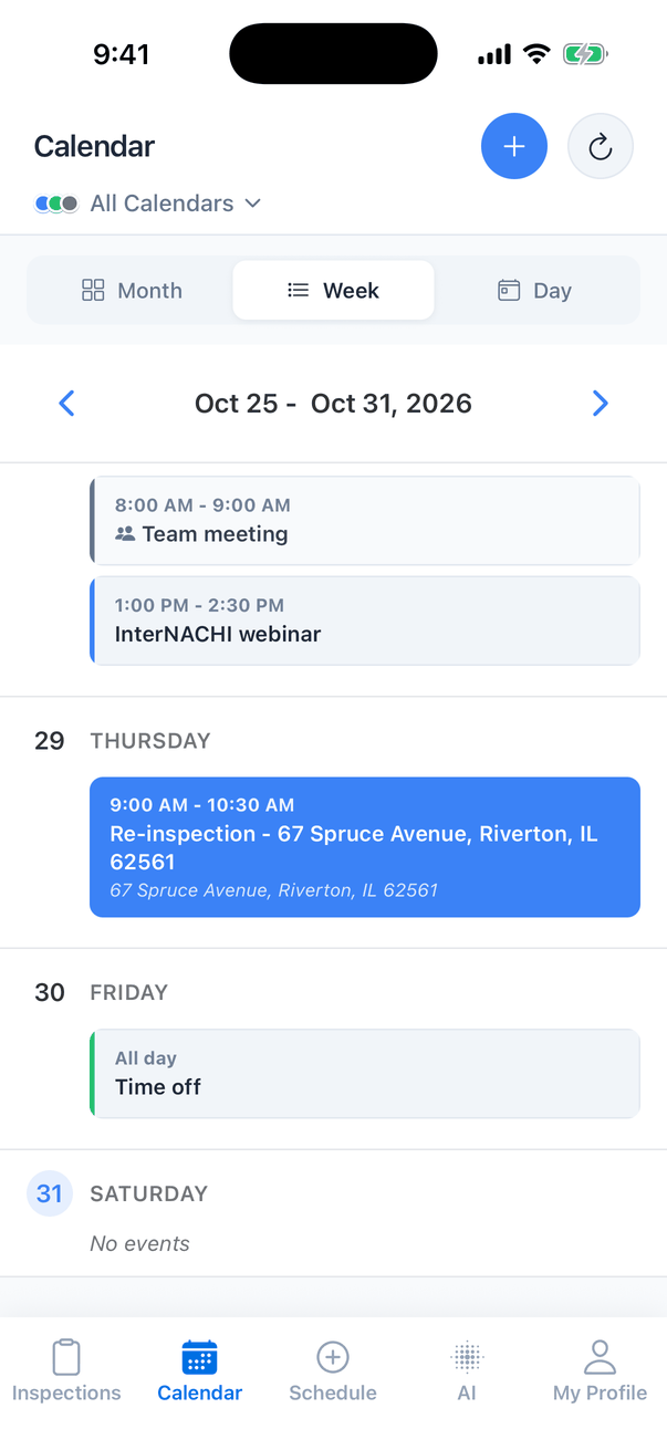 The rest of the week on All Calendars: Wednesday 28 with the Team meeting at 8:00 AM and an InterNACHI webinar from 1:00 PM to 2:30 PM, Thursday 29 with a Re-inspection at 67 Spruce Avenue from 9:00 AM to 10:30 AM, Friday 30 with an all-day Time off, and Saturday 31 with No events